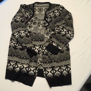 Sparkly Aztec open drape front long sweater